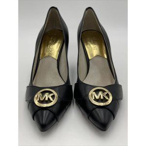 Michael Kors Womens Caroline Black Leather Gold Logo Pointed Toe Pumps Size 6.5M